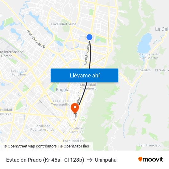 Estación Prado (Kr 45a - Cl 128b) to Uninpahu map