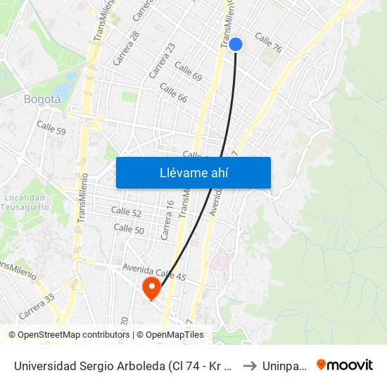 Universidad Sergio Arboleda (Cl 74 - Kr 13) to Uninpahu map