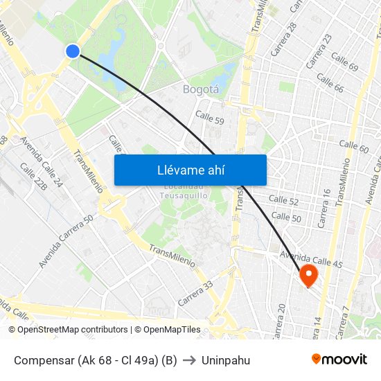 Compensar (Ak 68 - Cl 49a) (B) to Uninpahu map