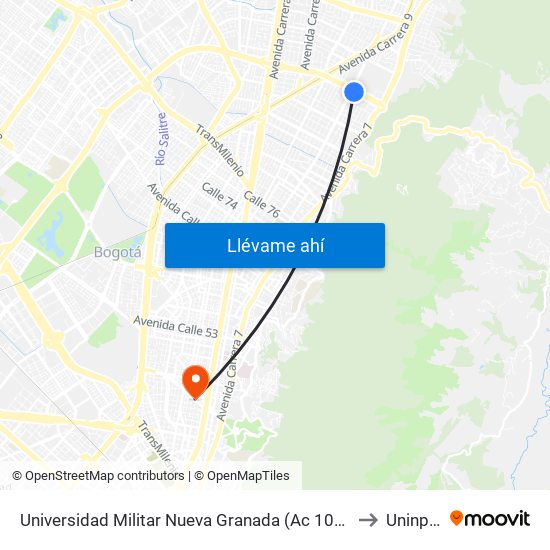 Universidad Militar Nueva Granada (Ac 100 - Kr 10) (B) to Uninpahu map