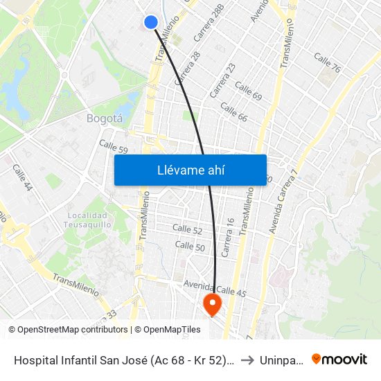 Hospital Infantil San José (Ac 68 - Kr 52) (B) to Uninpahu map