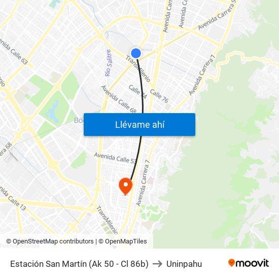 Estación San Martín (Ak 50 - Cl 86b) to Uninpahu map