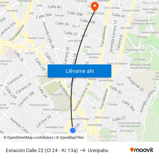 Estación Calle 22 (Cl 24 - Kr 13a) to Uninpahu map