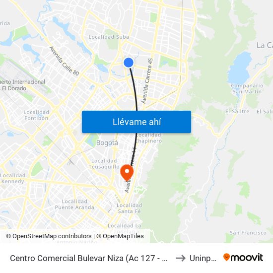 Centro Comercial Bulevar Niza (Ac 127 - Av. Villas) to Uninpahu map