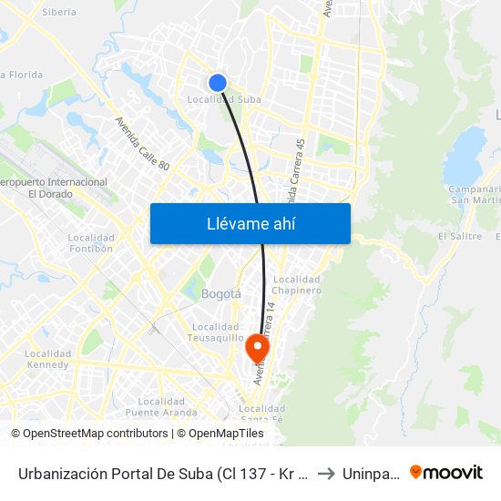 Urbanización Portal De Suba (Cl 137 - Kr 90a) to Uninpahu map