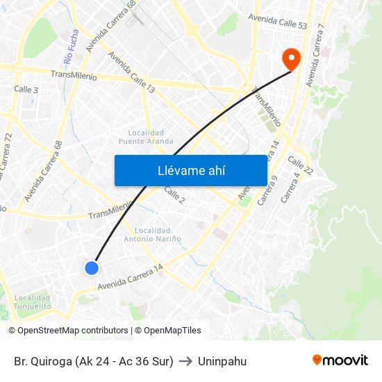 Br. Quiroga (Ak 24 - Ac 36 Sur) to Uninpahu map