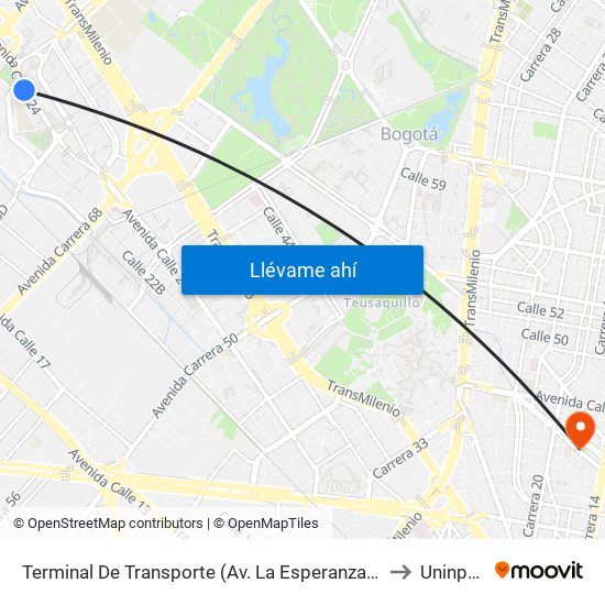 Terminal De Transporte (Av. La Esperanza - Kr 69d) to Uninpahu map