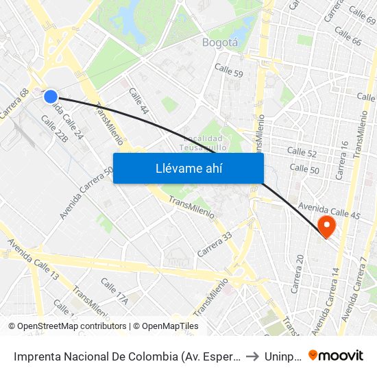 Imprenta Nacional De Colombia (Av. Esperanza - Kr 65) to Uninpahu map