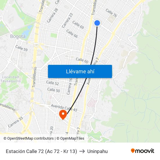 Estación Calle 72 (Ac 72 - Kr 13) to Uninpahu map