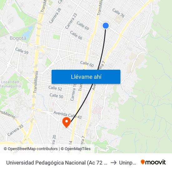 Universidad Pedagógica Nacional (Ac 72 - Ak 11) to Uninpahu map