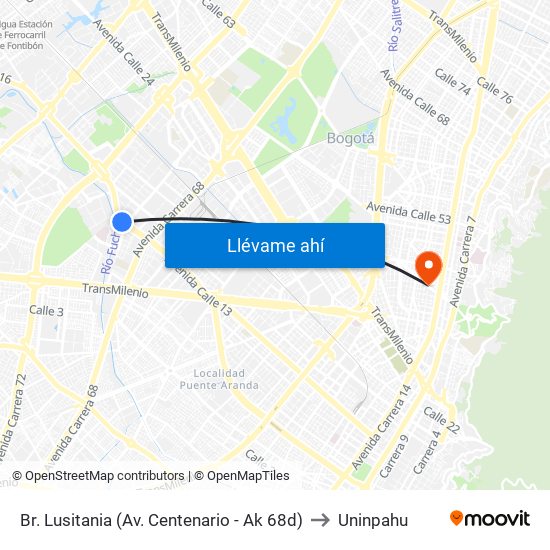 Br. Lusitania (Av. Centenario - Ak 68d) to Uninpahu map