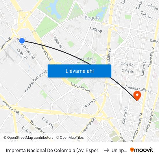 Imprenta Nacional De Colombia (Av. Esperanza - Kr 66) to Uninpahu map