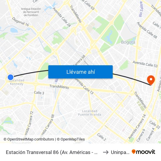 Estación Transversal 86 (Av. Américas - Kr 80c) to Uninpahu map