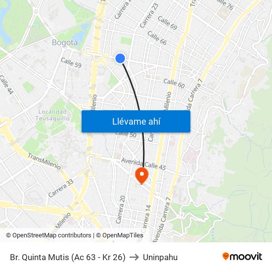 Br. Quinta Mutis (Ac 63 - Kr 26) to Uninpahu map