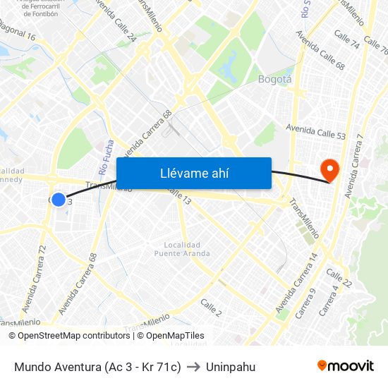Mundo Aventura (Ac 3 - Kr 71c) to Uninpahu map