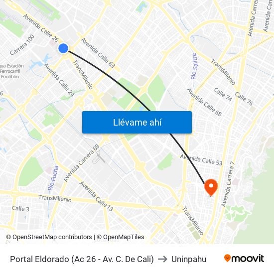 Portal Eldorado (Ac 26 - Av. C. De Cali) to Uninpahu map