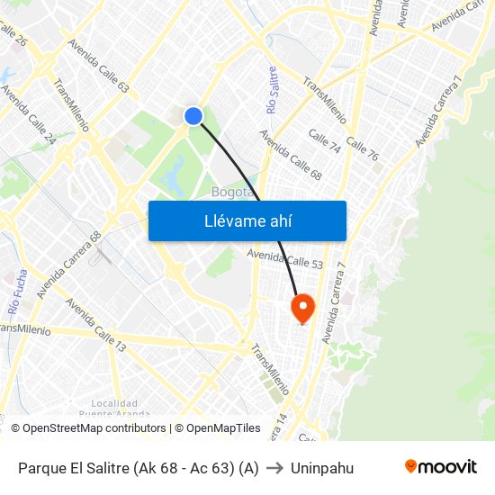 Parque El Salitre (Ak 68 - Ac 63) (A) to Uninpahu map