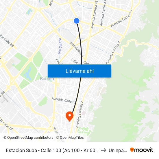 Estación Suba - Calle 100 (Ac 100 - Kr 60) (A) to Uninpahu map