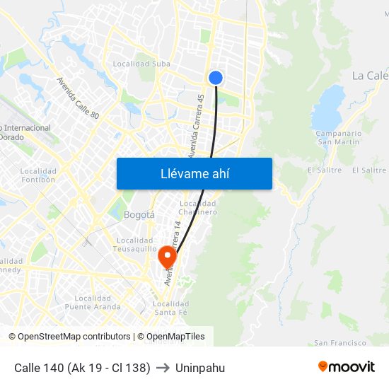 Calle 140 (Ak 19 - Cl 138) to Uninpahu map