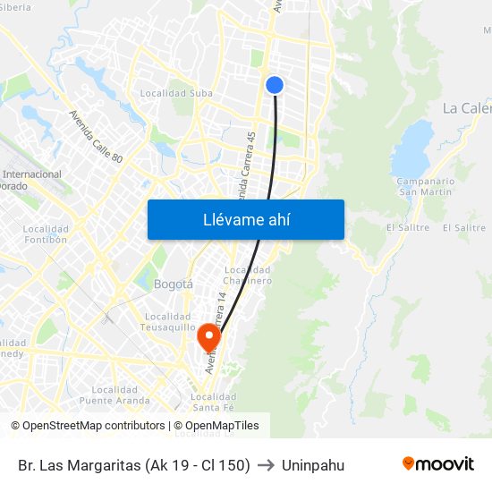 Br. Las Margaritas (Ak 19 - Cl 150) to Uninpahu map