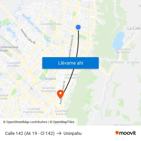 Calle 142 (Ak 19 - Cl 142) to Uninpahu map