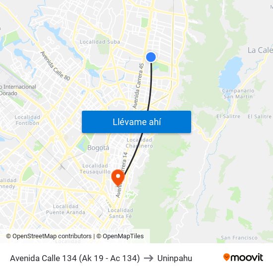 Avenida Calle 134 (Ak 19 - Ac 134) to Uninpahu map