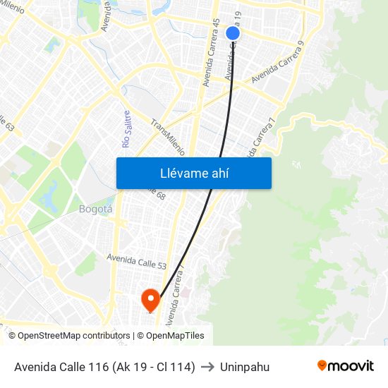 Avenida Calle 116 (Ak 19 - Cl 114) to Uninpahu map