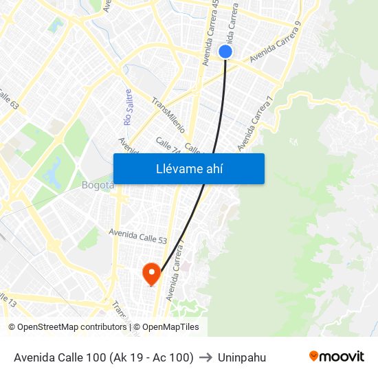 Avenida Calle 100 (Ak 19 - Ac 100) to Uninpahu map