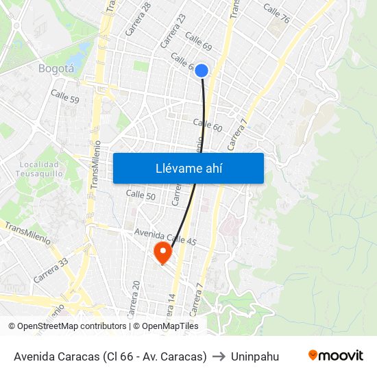 Avenida Caracas (Cl 66 - Av. Caracas) to Uninpahu map