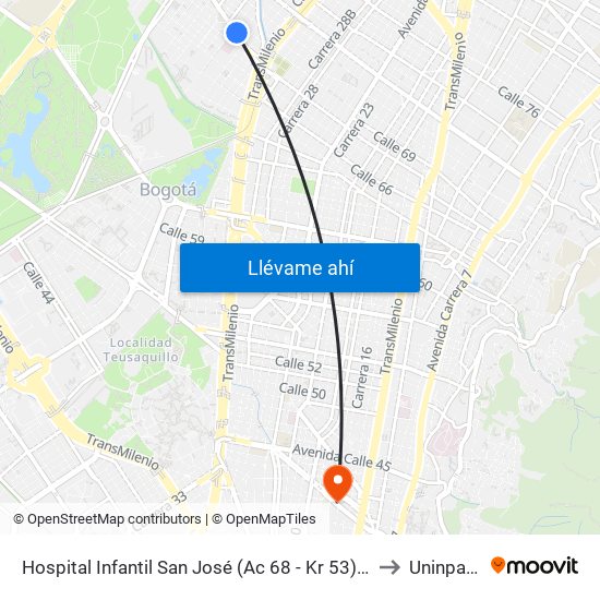 Hospital Infantil San José (Ac 68 - Kr 53) (A) to Uninpahu map