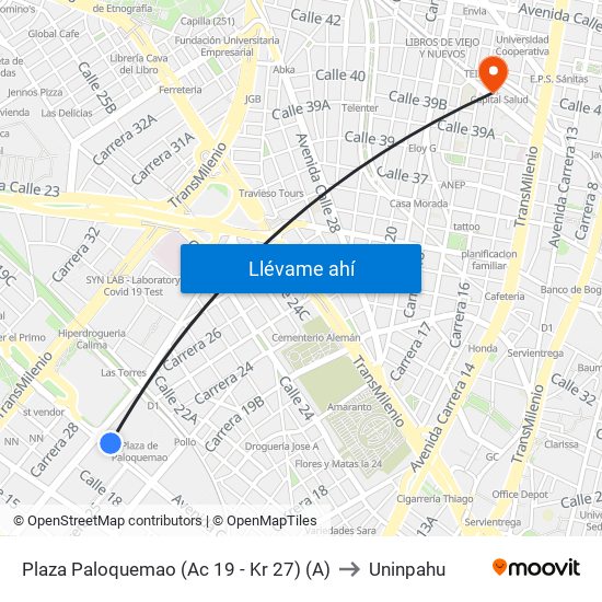 Plaza Paloquemao (Ac 19 - Kr 27) (A) to Uninpahu map