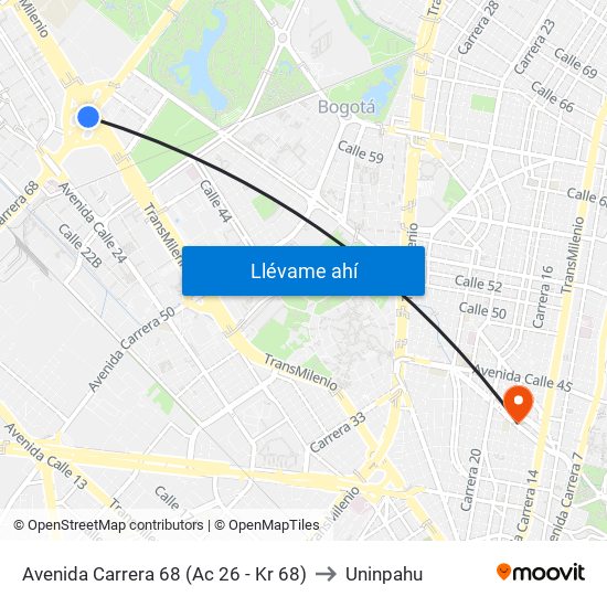 Avenida Carrera 68 (Ac 26 - Kr 68) to Uninpahu map