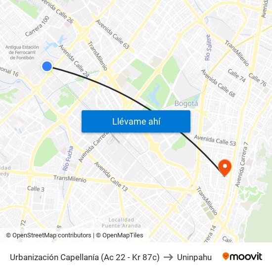 Urbanización Capellanía (Ac 22 - Kr 87c) to Uninpahu map