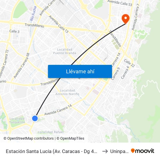 Estación Santa Lucía (Av. Caracas - Dg 45c Sur) to Uninpahu map