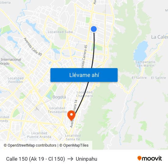 Calle 150 (Ak 19 - Cl 150) to Uninpahu map
