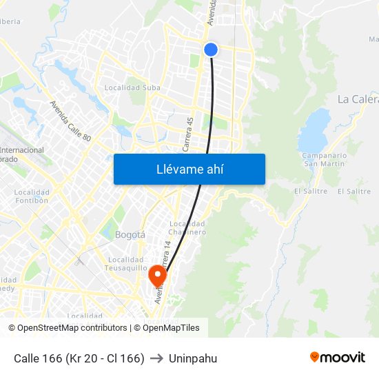 Calle 166 (Kr 20 - Cl 166) to Uninpahu map