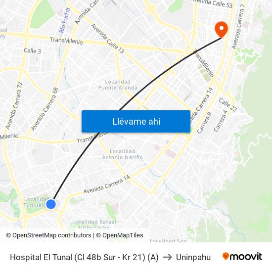 Hospital El Tunal (Cl 48b Sur - Kr 21) (A) to Uninpahu map