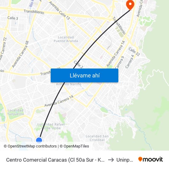 Centro Comercial Caracas (Cl 50a Sur - Kr 9) (A) to Uninpahu map