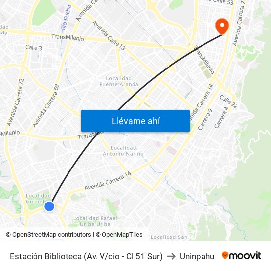 Estación Biblioteca (Av. V/cio - Cl 51 Sur) to Uninpahu map