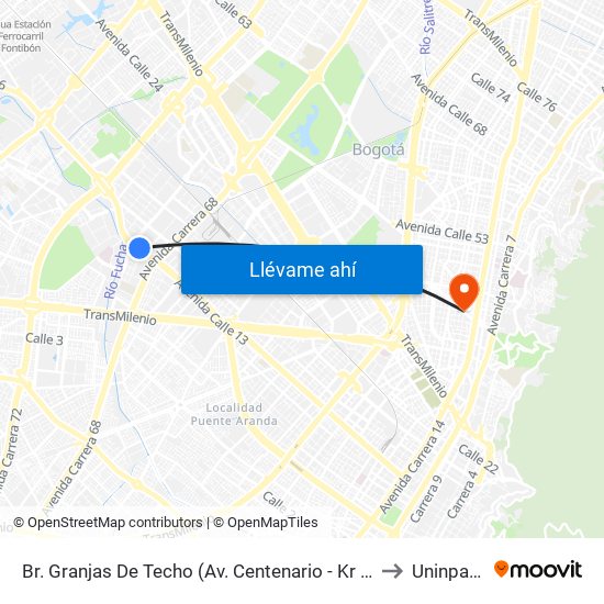 Br. Granjas De Techo (Av. Centenario - Kr 65) to Uninpahu map