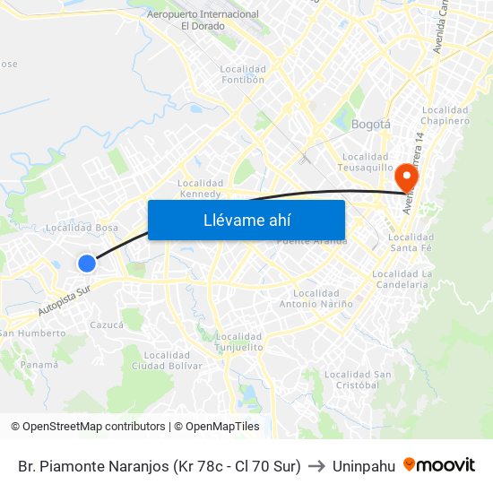 Br. Piamonte Naranjos (Kr 78c - Cl 70 Sur) to Uninpahu map