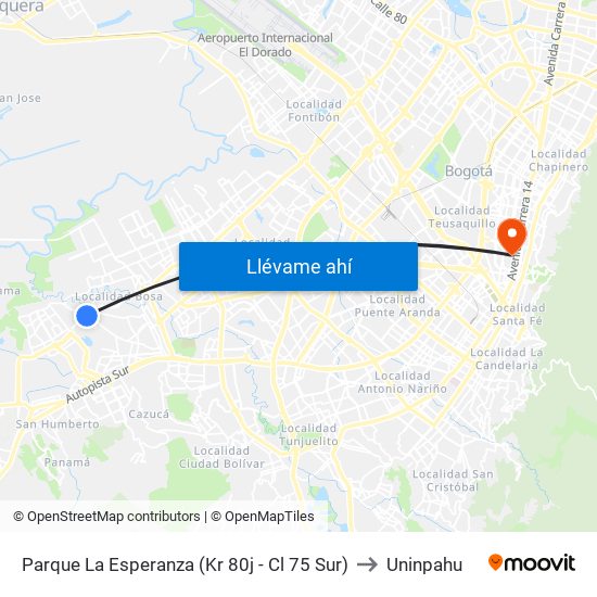 Parque La Esperanza (Kr 80j - Cl 75 Sur) to Uninpahu map