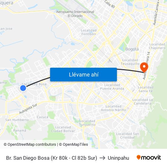 Br. San Diego Bosa (Kr 80k - Cl 82b Sur) to Uninpahu map