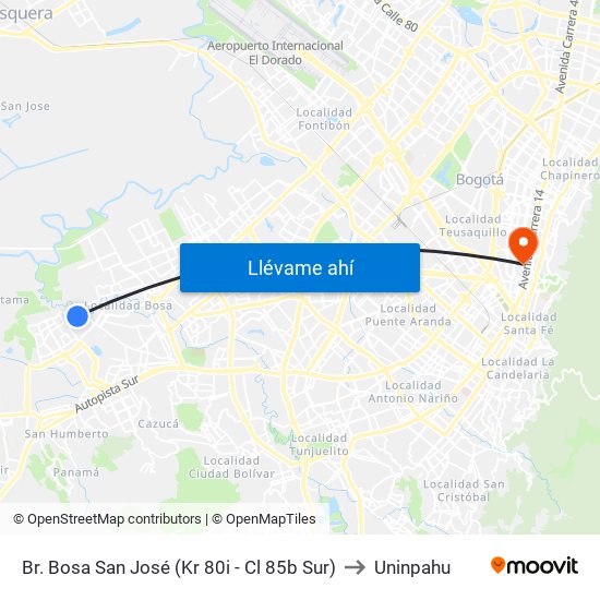 Br. Bosa San José (Kr 80i - Cl 85b Sur) to Uninpahu map