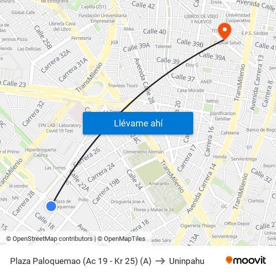 Plaza Paloquemao (Ac 19 - Kr 25) (A) to Uninpahu map