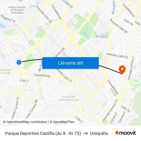 Parque Deportivo Castilla (Ac 8 - Kr 73) to Uninpahu map