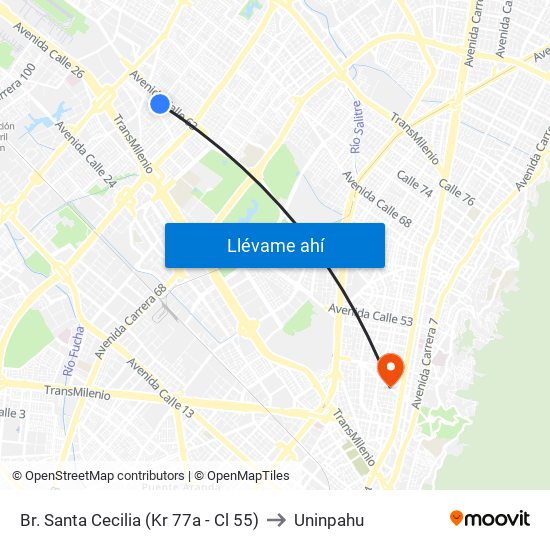 Br. Santa Cecilia (Kr 77a - Cl 55) to Uninpahu map