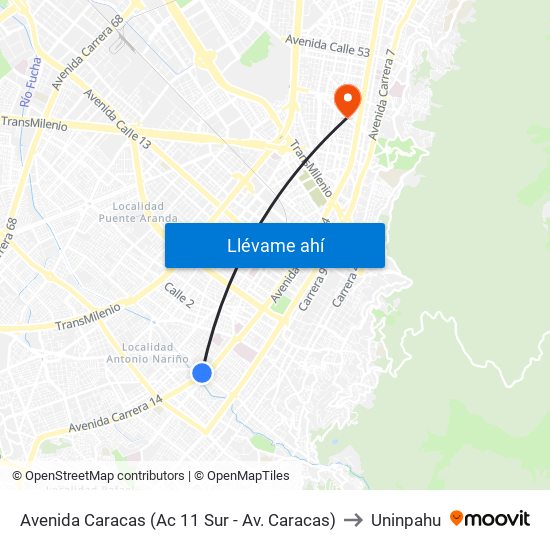 Avenida Caracas (Ac 11 Sur - Av. Caracas) to Uninpahu map