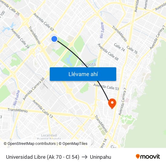 Universidad Libre (Ak 70 - Cl 54) to Uninpahu map