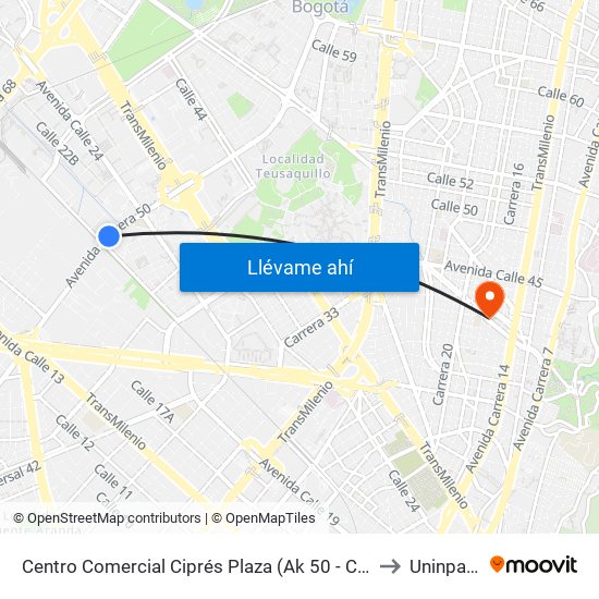 Centro Comercial Ciprés Plaza (Ak 50 - Cl 21) to Uninpahu map